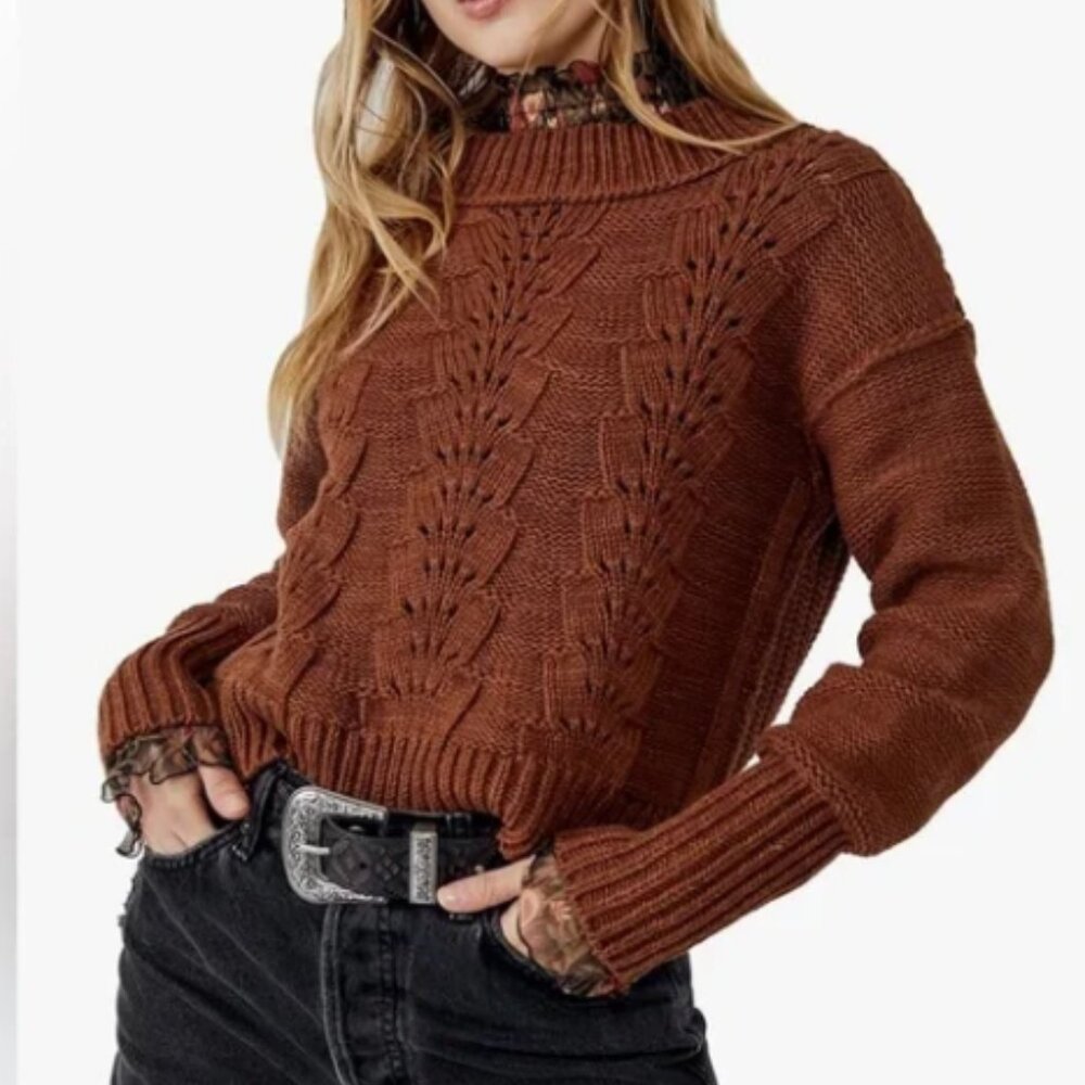 Free People Chestnut Cable Knit Scoop Crew Sweater
